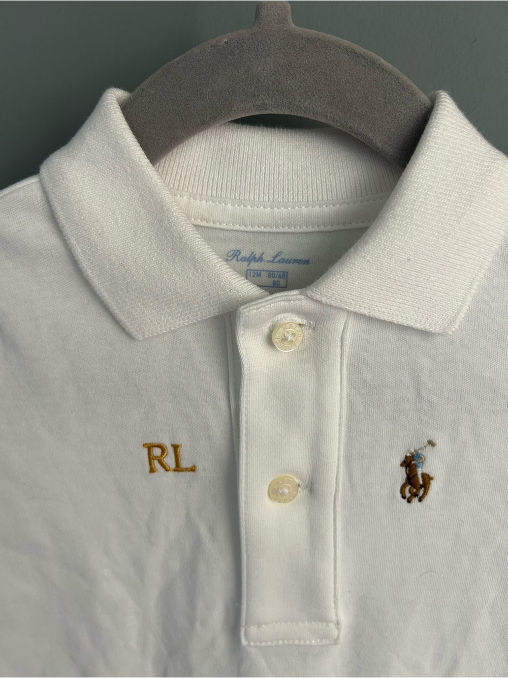 Ralph Lauren Baby White Polo with Gold RL Monogram and Pony